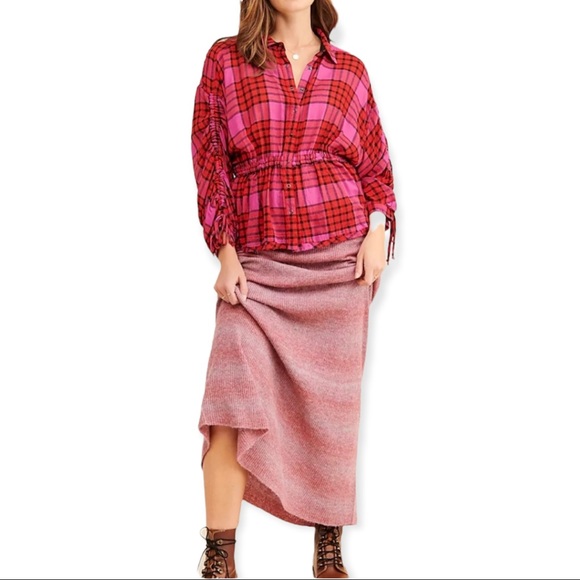 FREE PEOPLE Pacific Dawn Blouse Bohemian Top Plaid Snap Buttons Ballon Sleeves - Picture 3 of 6